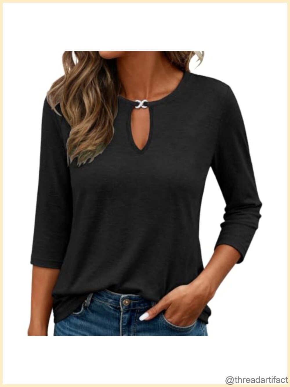 Women's 3/4 Sleeve Tunic Top Crew Neck Decorative Clasp Relaxed Fit